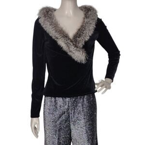Vintage Chetta B*Peter Noviello*Sherrie Bloom Fox Fur Collar Velvet Surplice Top